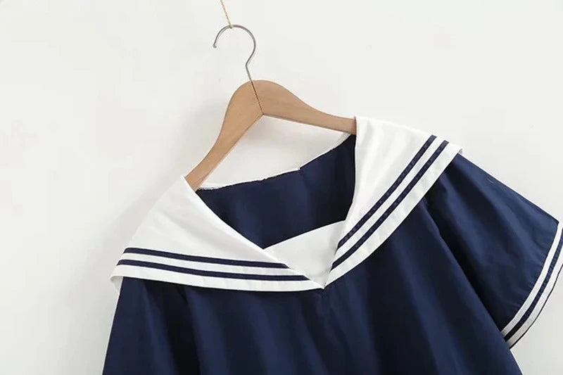 Summer Women Navy Shirts Patchwork Blouses Pullover Short Sleeve Lady Tops Sailor Collar Female Clothing