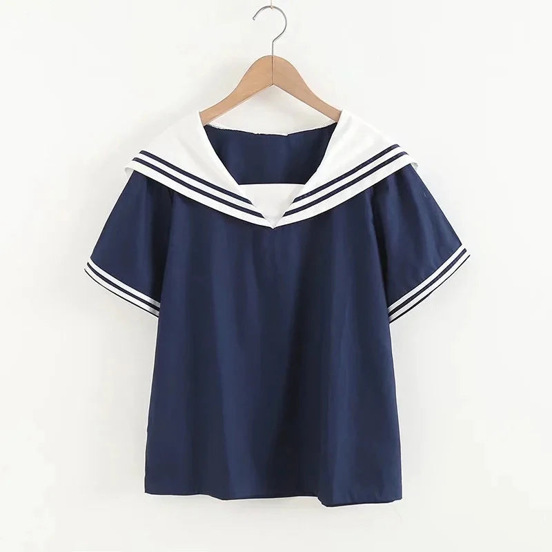 Summer Women Navy Shirts Patchwork Blouses Pullover Short Sleeve Lady Tops Sailor Collar Female Clothing