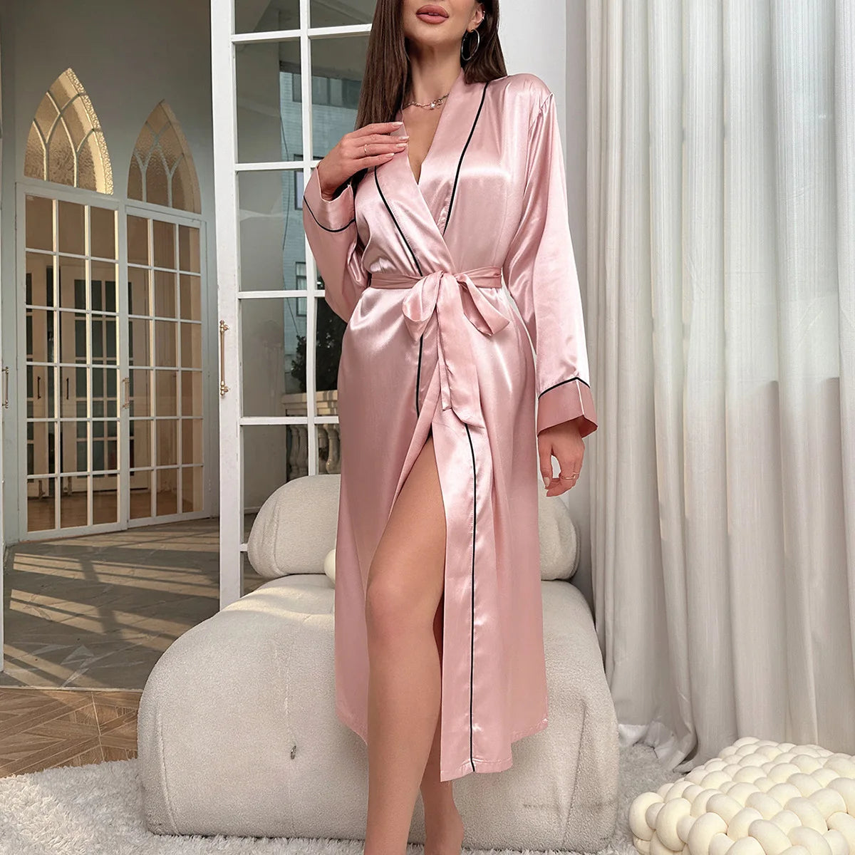 New Female Long Robe Nightgown Spring Summer Silk Satin Kimono Bathrobe Sleepwear Loose Silk Satin Home Dressing Gown Loungewear