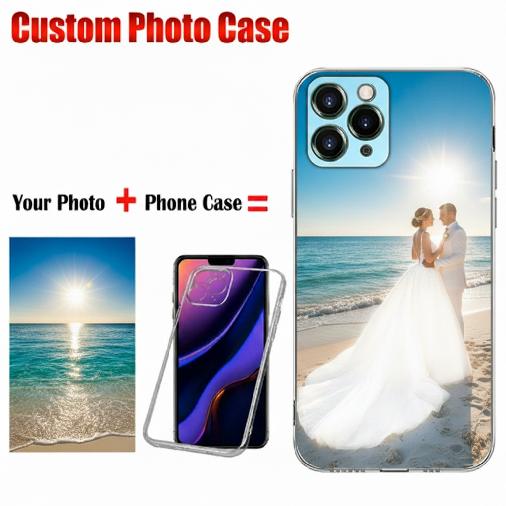 Custom photo phone case with a couple on a beach at sunset, featuring text 'Your Photo + Phone Case = Custom Photo Case'.